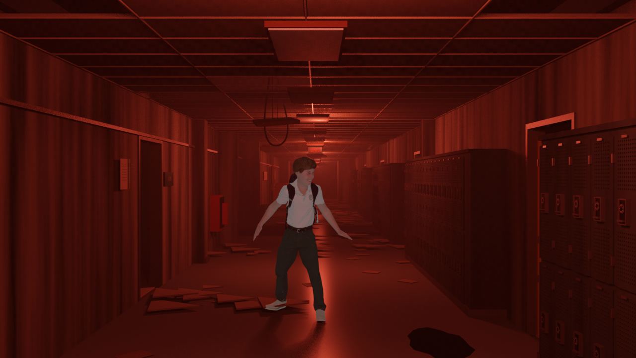 A dark school hallway lit red, a boy standing at the end of it